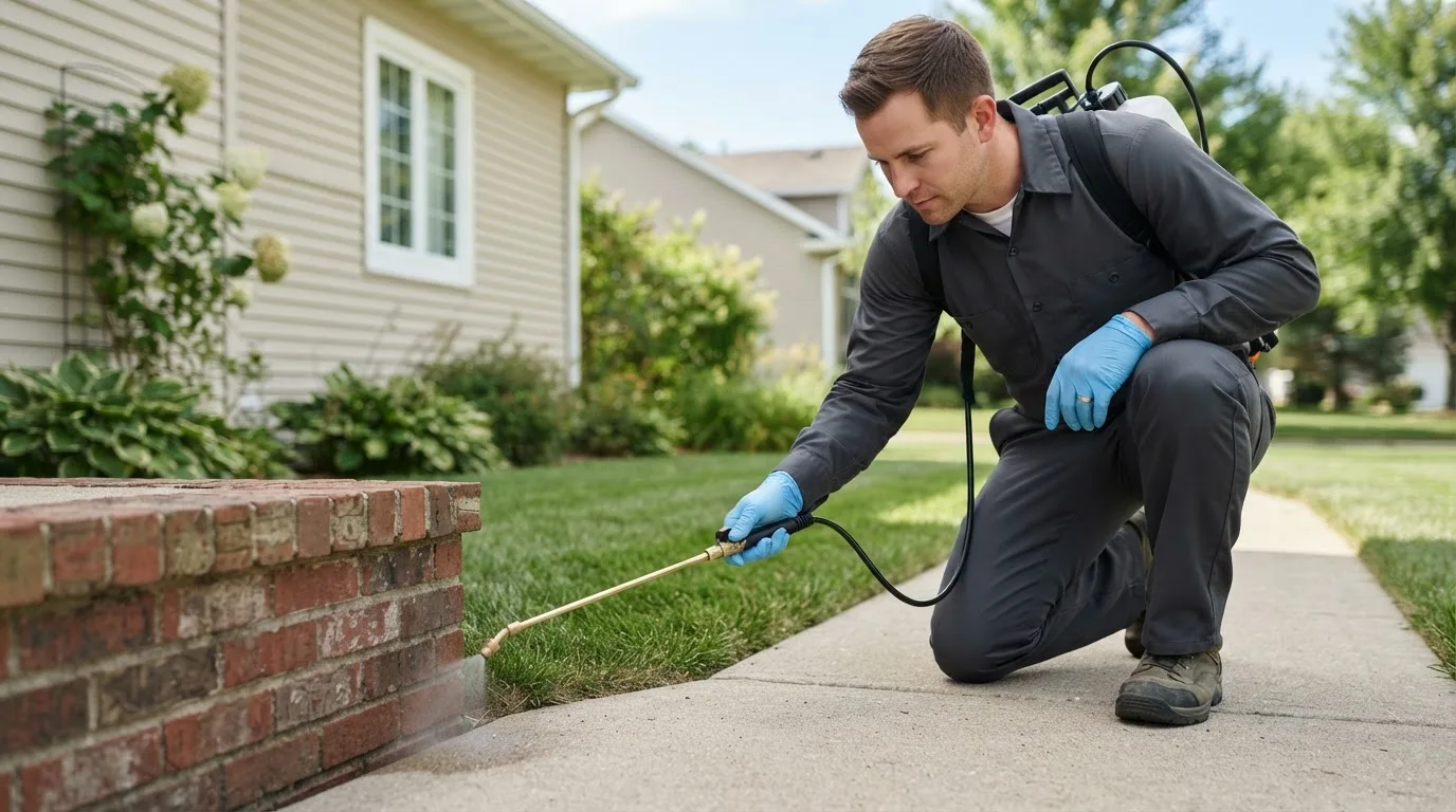 Pest control technician treating a home near Leonard, MI