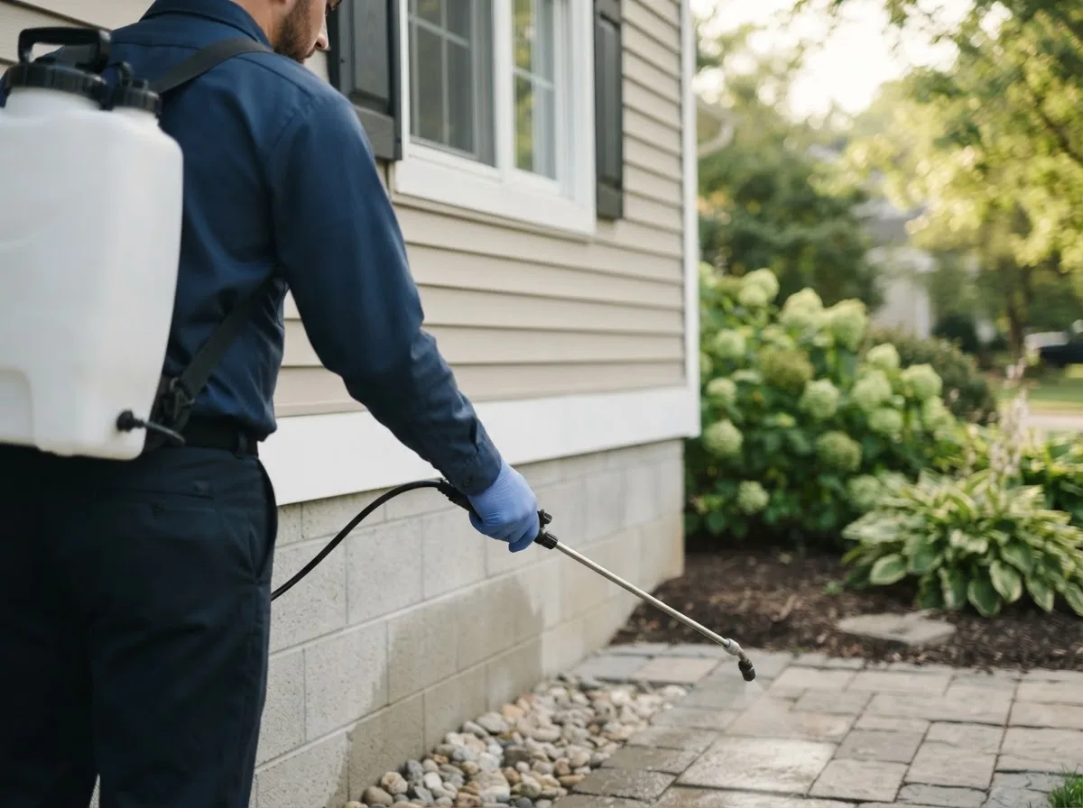Pest control technician inspecting a home in Leonard, MI